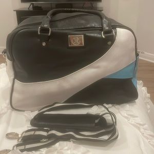LULUEMON black white blue LEATHER Duffle Gym Bag Vintage with Strap